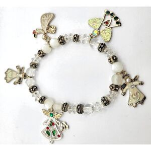 Christmas Angel Beaded Bracelet TIger's Eye Enamel Charms 8in